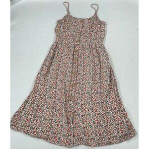 Mimi Chica Womens Floral Button Front Midi Dress Smocked‎ Back Pockets Multi M